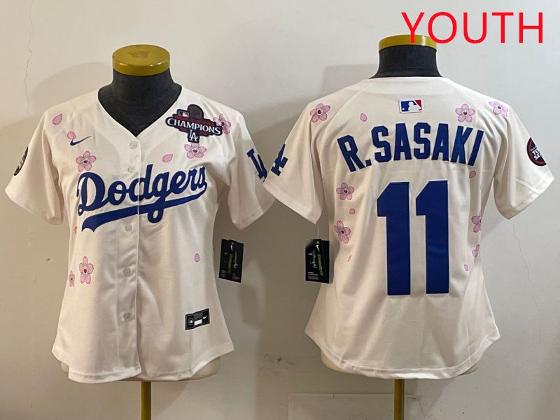 Youth Los Angeles Dodgers #11 R.Sasaki Cream Sakura Edition 2025 Nike MLB Jersey style 2